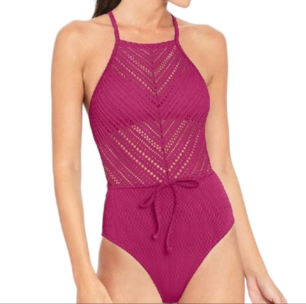 Robin Piccone Perla High Neck Crochet Mix Swimsuit, Orchid, 10